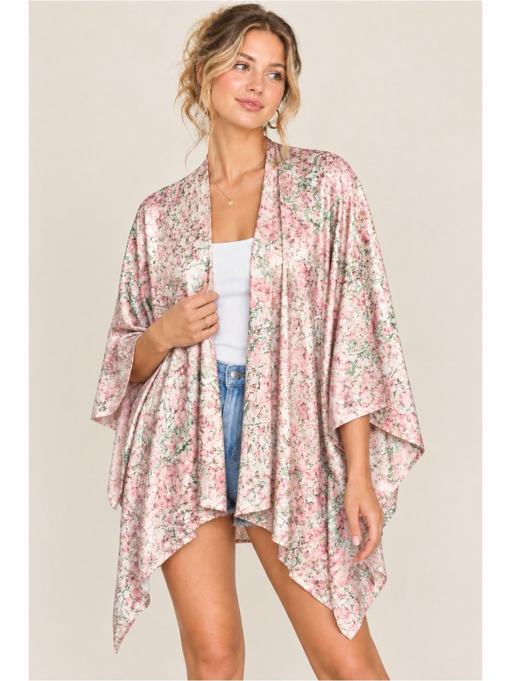 Ark & Co Floral Pattern Charmeuse Open Front Coquette Feminine Oversized Kimono